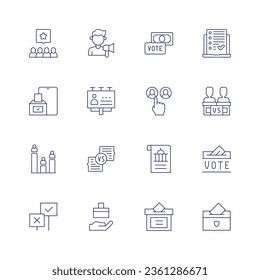 Democracy icon set. Thin line icon. Editable stroke. Containing group, activism, bribe, online voting, campaign, candidates, politicians, polling, debate, declaration, vote, democracy, election.