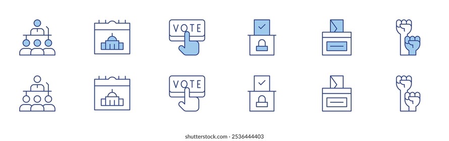 Democracy icon set in two styles, Duotone and Thin Line style. Editable stroke. ballot box, vote, podium, calendar, activism.