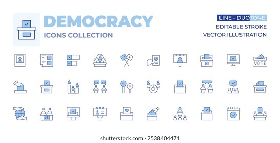 Democracy icons collection. Line Duotone style, editable stroke. polling, election, poll, vote, democracy, statistics, billboard, candidate, ballot, debate, candidates.