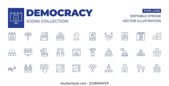 Coleção de ícones de democracia. Ícones de Linha Fina, traço editável. urna, debate, reunião, pódio, cédula, voto, calendário, candidatos, referendo, votação on-line, política, democracia.