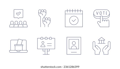 Democracy icons. editable stroke. Containing activism, campaign, online voting, politics, calendar, candidates, group.