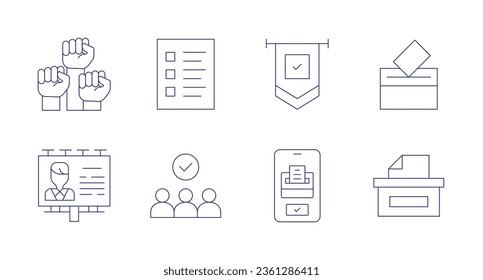 Democracy icons. editable stroke. Containing ballot, candidates, vote, flag, online voting, movement, politician.