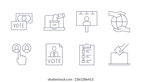 Democracy icons. editable stroke. Containing billboard, candidates, bribe, government, online voting, vote.