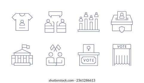 Democracy icons. editable stroke. Containing debate, diplomacy, voting booth, voting box, poll, vote, t shirt, white house.