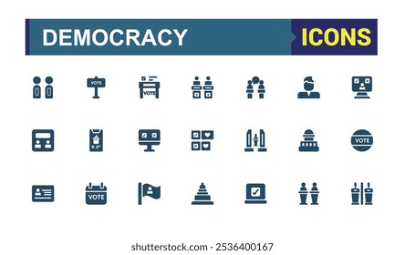 Democracy icons in filled style. Featuring set, voting, election, polling, choice, rights and more. Simple solid vector. Vector filled icons Collection.