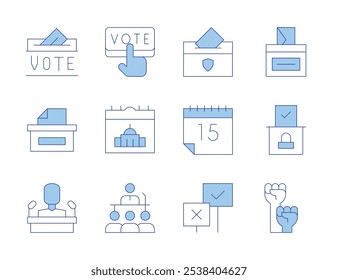 Democracy icons. Line Duotone style, editable stroke. vote, ballot box, podium, calendar, candidate, international day of democracy, activism.