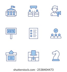Democracy icons set. Line Duotone style, editable stroke. activism, ballot, debate, election, candidates, white house, democracy, vote.