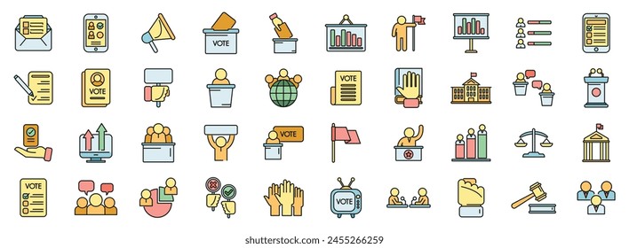Democracy icons set outline vector. Human rights. Respect equality thin line color flat on white