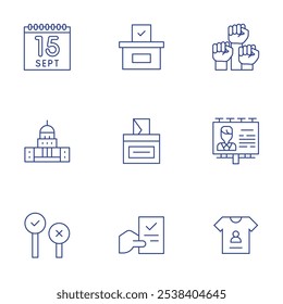 Democracy icons set. Thin Line style, editable stroke. movement, politician, t shirt, vote, calendar, capitol, democracy.