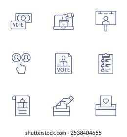 Conjunto de iconos de democracia. Estilo de línea delgada, trazo editable. cartelera, candidatos, voto, soborno, declaración, votación en línea.