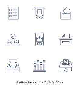 Democracy icons set. Thin Line style, editable stroke. ballot, candidates, debate, vote, voting box, flag, online voting, poll.