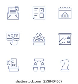 Definição de ícones de democracia. Estilo Thin Line, curso editável. cédula, candidato, debate, calendário, candidatos, democracia, convite, referendo, voto.