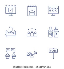 Conjunto de iconos de democracia. Estilo de línea delgada, trazo editable. publicidad, candidato, debate, votación en línea, política, voto, calendario, candidatos, democracia.
