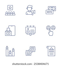 Conjunto de iconos de democracia. Estilo de línea delgada, trazo editable. activismo, campaña, debate, soborno, candidatos, declaración, grupo, votación en línea, votación.