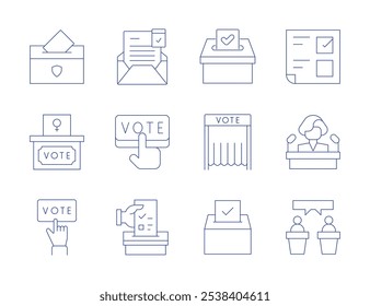 Ícones de democracia. Estilo Thin Line, toque editável. voto, cabine de votação, cédula, candidato, debate, democracia, convite, referendo.