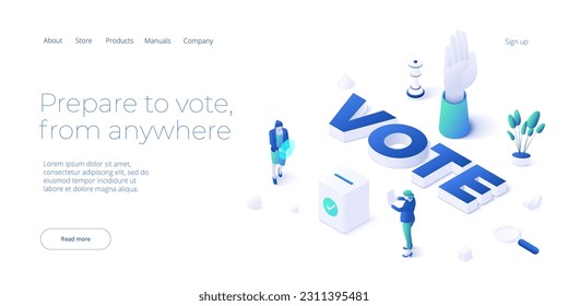 Democracy illustration concept in isometric vector design. Election campaign or referendum exit poll with female citizens voting. Web banner layout template.