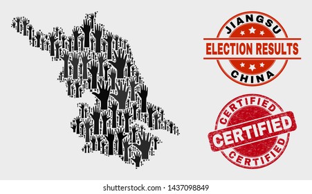 Democracy Jiangsu Province map and seal stamps. Red round Certified distress seal stamp. Black Jiangsu Province map mosaic of upwards voting arms. Vector combination for referendum results,