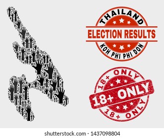 Democracy Koh Phi Don map and seals. Red round 18+ Only scratched watermark. Black Koh Phi Don map mosaic of upwards help arms. Vector composition for election results,