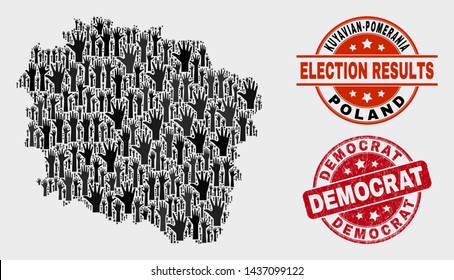 Democracy Kuyavian-Pomeranian Voivodeship map and watermarks. Red rounded Democrat grunge stamp. Black Kuyavian-Pomeranian Voivodeship map mosaic of raised up referendum hands.