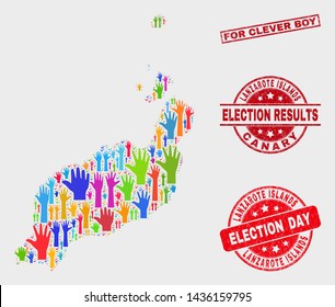 Democracy Lanzarote Islands map and seals. Red rectangle For Clever Boy scratched watermark. Colorful Lanzarote Islands map mosaic of raised election hands. Vector collage for election day,