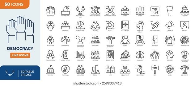 Democracy line editable icon set. Containing democracy, politics, voting, election, and more. Vector illustration.