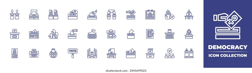 Democracy line icon collection. Editable stroke. Vector illustration. Containing candidate, democracy, international day of democracy, white house, vote, election, ballot box, hands, monument.