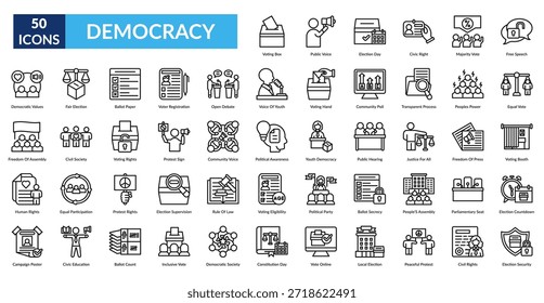 Conjunto De Ícones Da Linha Democracia. Urna, Voz Pública, Dia Da Eleição, Direito Cívico, Voto Da Maioria, Liberdade De Expressão, Voto Igual