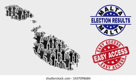 Democracy Malta map and seal stamps. Red rounded Easy Access scratched seal stamp. Black Malta map mosaic of raised choice arms. Vector combination for ballot results, with Easy Access seal.