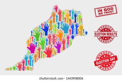 Democracy Morocco map and seal stamps. Red rectangle In God We Trust grunge seal. Colorful Morocco map mosaic of raised up volunteer hands. Vector composition for election day, and referendum results.