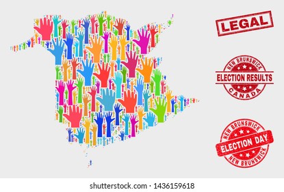 Democracy New Brunswick Province map and seal stamps. Red rectangle Legal distress seal. Bright New Brunswick Province map mosaic of raised up volunteer hands. Vector composition for election day,