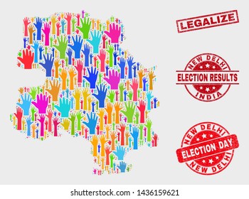 Democracy New Delhi City map and seal stamps. Red rectangle Legalize grunge seal. Colored New Delhi City map mosaic of upwards volunteer arms. Vector collage for election day, and ballot results.