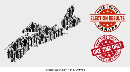 Democracy Nova Scotia Province map and seal stamps. Red round One Time Only grunge seal. Black Nova Scotia Province map mosaic of upwards ballot hands. Vector composition for referendum results,