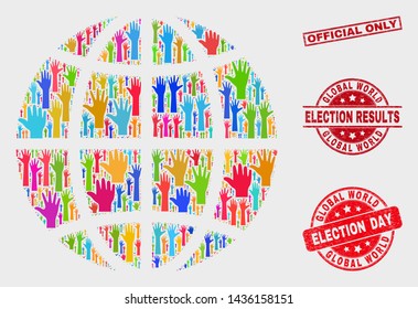 Democracy planet globe and watermarks. Red rectangular Official Only scratched stamp. Colored planet globe mosaic of raised up election hands. Vector composition for election day,