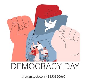 Democracy. Political system, liberty and voting principle. Rule of law, people, institutions, and entities are equally accountable to country laws. Flat vector illustration