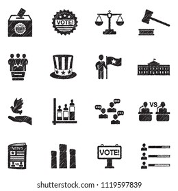 Democracy And Politics Icons. Black Scribble Design. Vector Illustration.