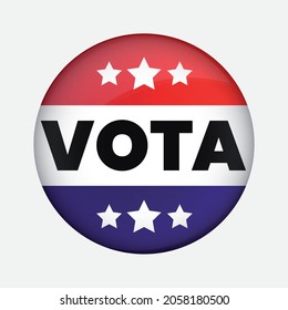 Democracy, presidential election and voting concept with voting red, white and blue glossy pin with stars and stripes isolated on white background with with word "vota" means vote in spanish