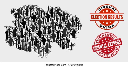 Democracy Qinghai Province map and watermarks. Red round Oriental Express distress stamp. Black Qinghai Province map mosaic of raised referendum arms. Vector collage for referendum results,