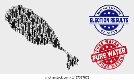 Democracy St Kitts Island map and watermarks. Red round Pure Water textured seal. Black St Kitts Island map mosaic of raised up ballot hands. Vector composition for ballot results,