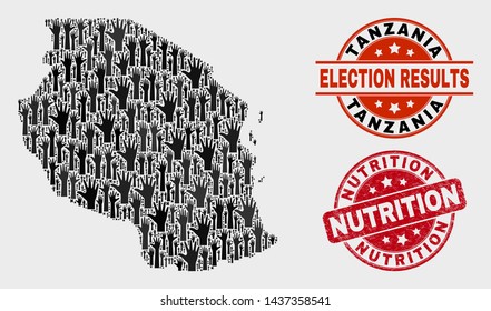 Democracy Tanzania map and watermarks. Red rounded Nutrition textured seal stamp. Black Tanzania map mosaic of raised up electoral hands. Vector collage for ballot results, with Nutrition seal stamp.