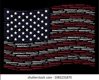 Democracy text items are arranged into waving United States flag abstraction on a dark background. Vector collage of America state flag is constructed with democracy text elements.