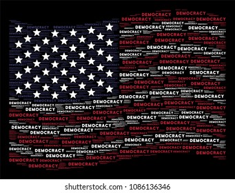 Democracy text items are composed into waving United States flag stylization on a dark background. Vector collage of America state flag is designed of democracy text elements.