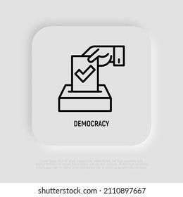 Icono de la delgada línea de la democracia: la mano coloca la papeleta con tictac en la casilla. Ilustración vectorial moderna de las elecciones.