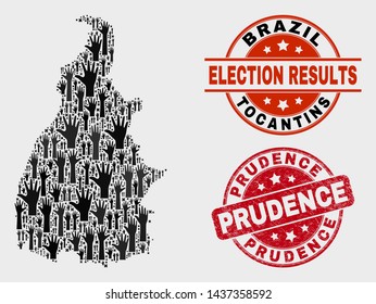 Democracy Tocantins State map and stamps. Red rounded Prudence distress seal. Black Tocantins State map mosaic of upwards support hands. Vector collage for referendum results,