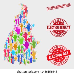 Democracy Tocantins State map and watermarks. Red rectangular Stop Corruption grunge stamp. Colored Tocantins State map mosaic of upwards election hands. Vector collage for election day,