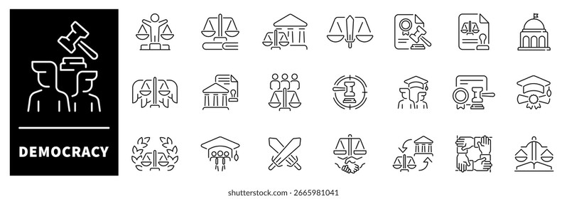 Iconos del vector de la democracia en estilo de línea. Conjunto de iconos de democracia