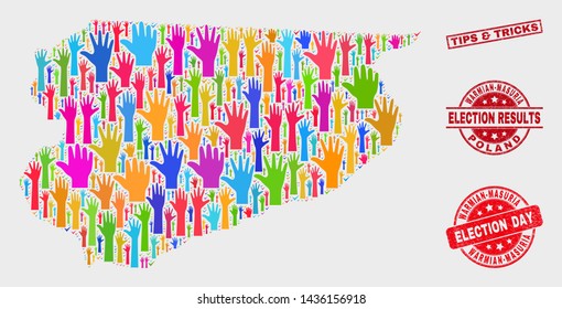 Democracy Warmian-Masurian Voivodeship map and seal stamps. Red rectangle Tips & Tricks distress seal. Colorful Warmian-Masurian Voivodeship map mosaic of upwards referendum hands.