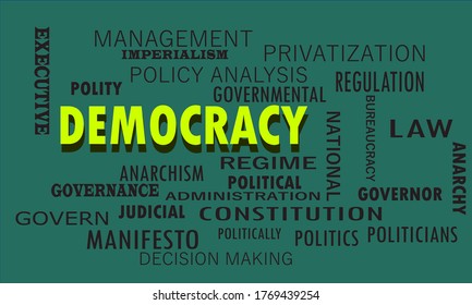 Democracy word highlighted in yellow color with related terminology vector abstract on dark green background. 