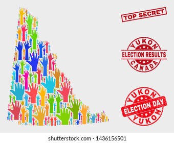 Democracy Yukon Province map and seal stamps. Red rectangle Top Secret grunge seal. Bright Yukon Province map mosaic of raised up vote arms. Vector collage for election day, and ballot results.