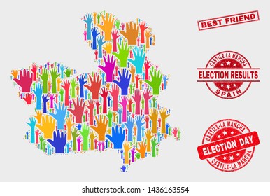 Democrat Castile-La Mancha Province map and watermarks. Red rectangular Best Friend grunge seal stamp. Colored Castile-La Mancha Province map mosaic of raised up election hands.