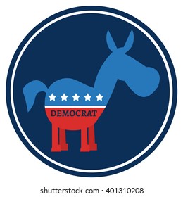 Democrat Donkey Cartoon Blue Circale Label. Vector Illustration Flat Design Style Isolated On White